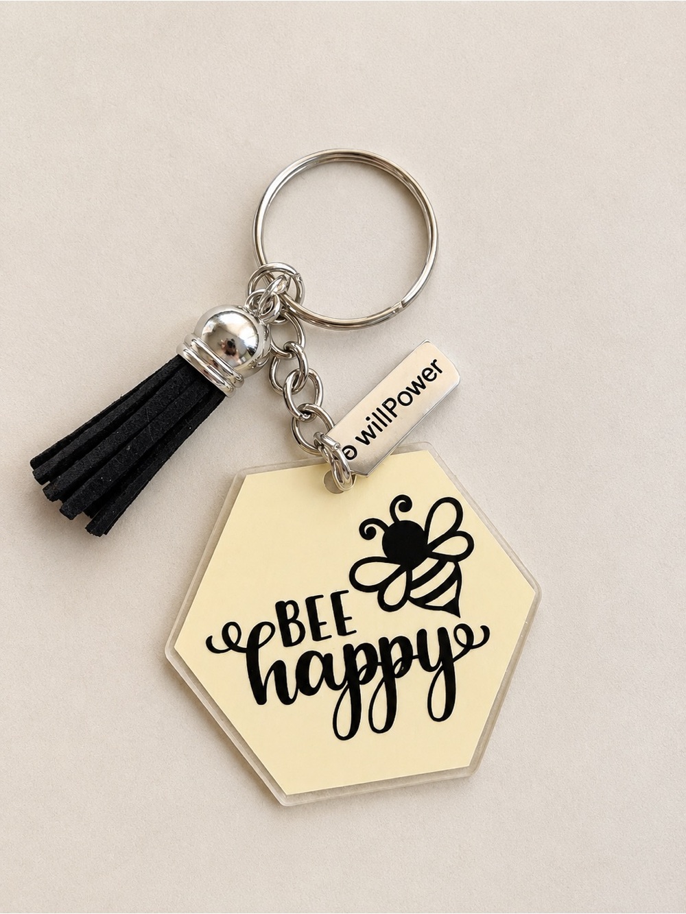 Bee Happy Hexagon Keychain - Cream & Black